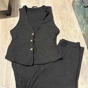 Zara Black Textured Women's Pants and Vest Set